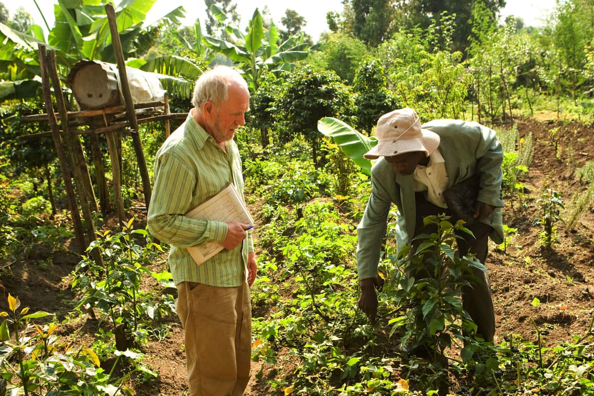 Older man holding pad of paper talks with coffee farmer