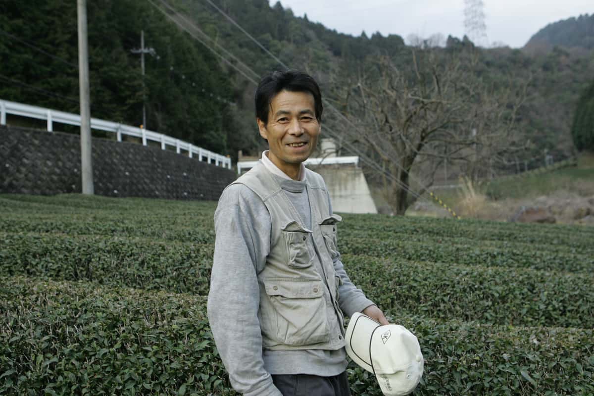 Akihiro Nakai, Entsu Estate owner, is at center of photo of him standing amid rows and rows of tea plants.
