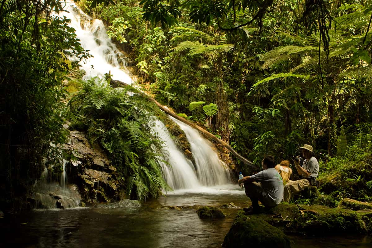 Jungle waterfall at left with three men at right sitting on water bank.