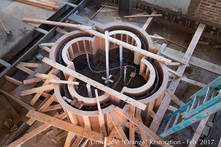 Wooden framing for fountain at Urth Orange