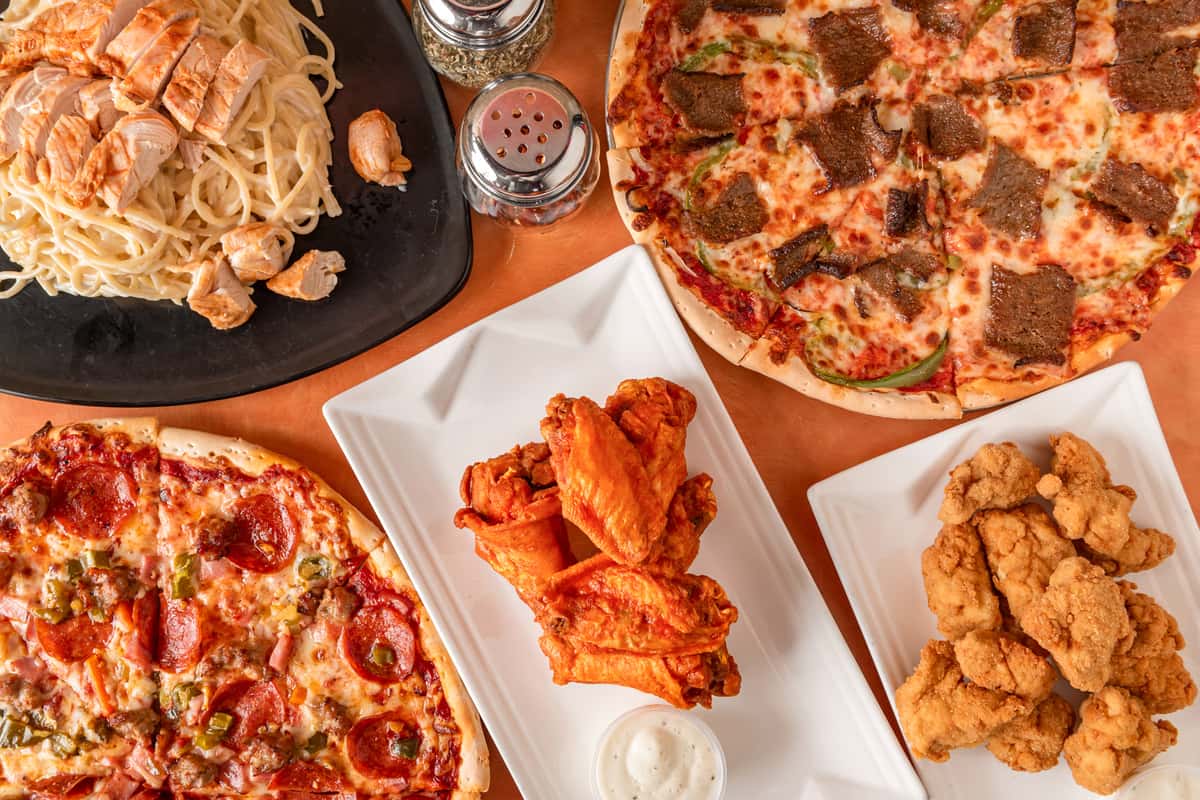 group of shot of meat, pizzas and more