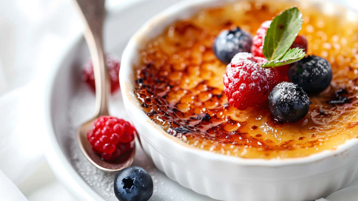 A creamy dessert of crème brûlée topped with caramelized sugar, garnished with fresh raspberries, blueberries, and a sprig of mint, served in a white ramekin.
