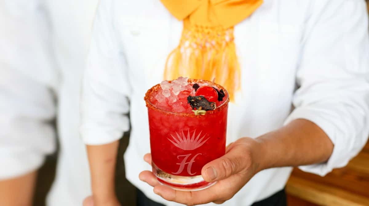 A hand holds a vibrant red cocktail with crushed ice, a sugared rim, a cherry, and dried flowers.