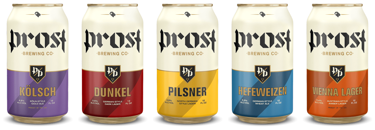 Prost Brewing beer can lineup: Kolsch, Dunkel, Pilsner, Hefeweizen, and Vienna Lager