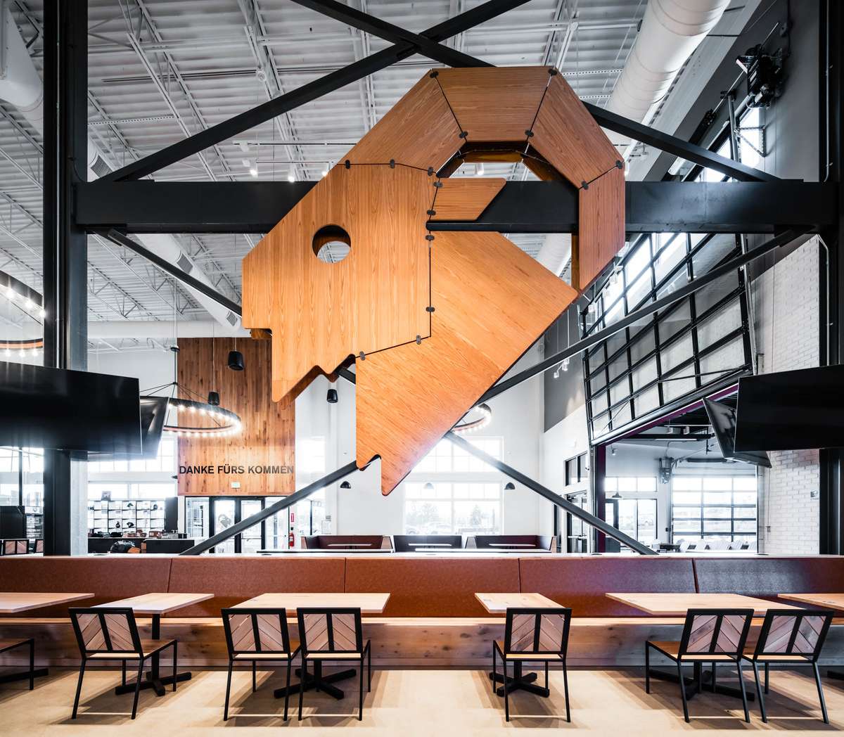 Wood goat sculpture in the Northglenn Biergarten hall