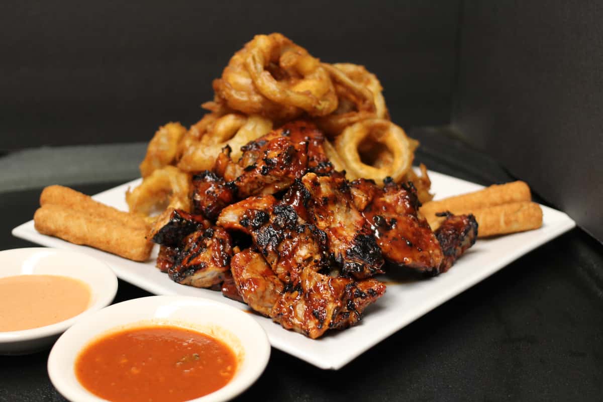 App Sampler- Onion rings, mozzarella sticks, BBQ riblets