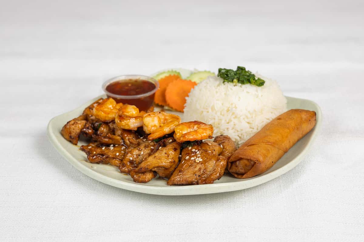 Grilled Chicken, Shrimp, & Egg Rolls With Steamed Rice