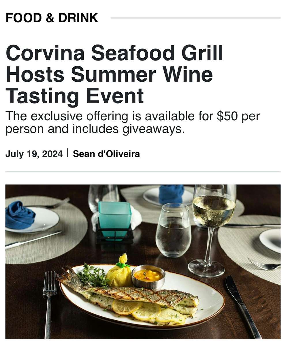 Corvina Seafood Grill Host Summer Wine Tasting Event