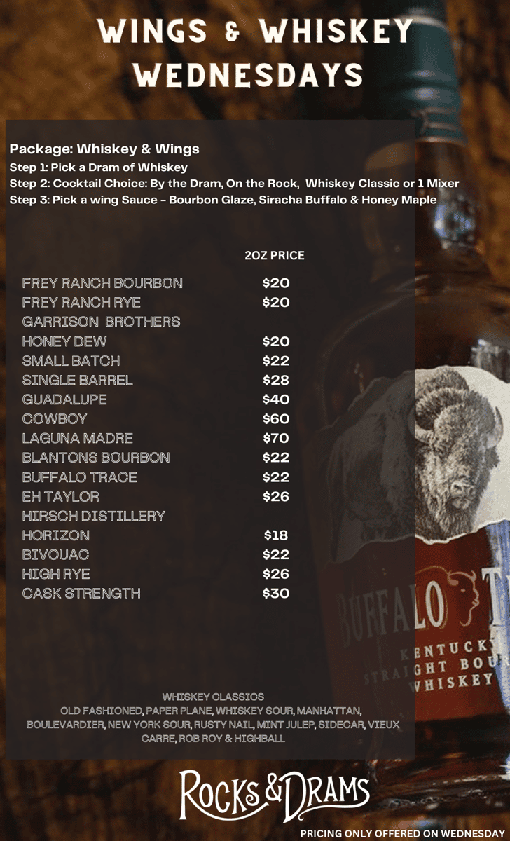 list of the dram prices for wing & whiskey wednesdays