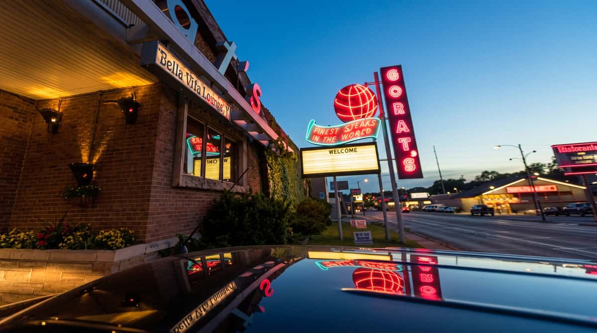A brick building at dusk with a neon sign that reads "Gorat's: Finest Steaks in the World," and "Bella Vita Lounge."