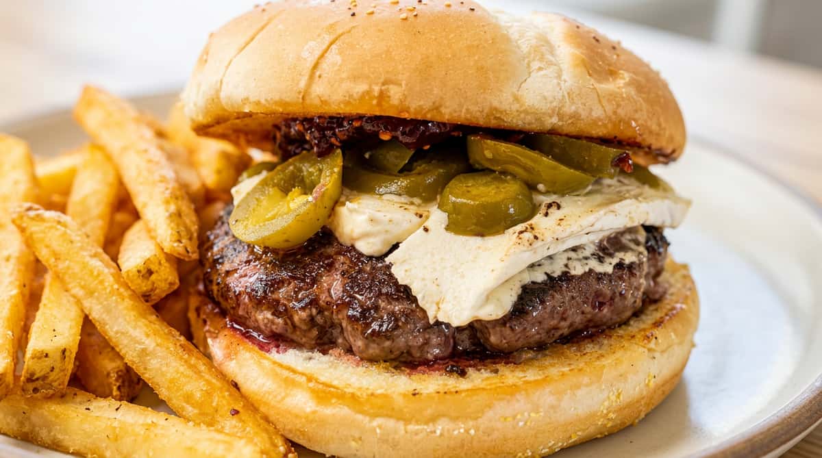 Beef burger with melted white cheese, sliced jalapeños, and a dark spread on a bun.