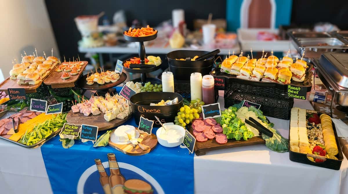 A buffet table laden with various appetizers: ham, turkey, and roast beef sliders, cheese boards, fruit, crackers, salami, and deviled eggs. Several black display boards organize and label the food items.