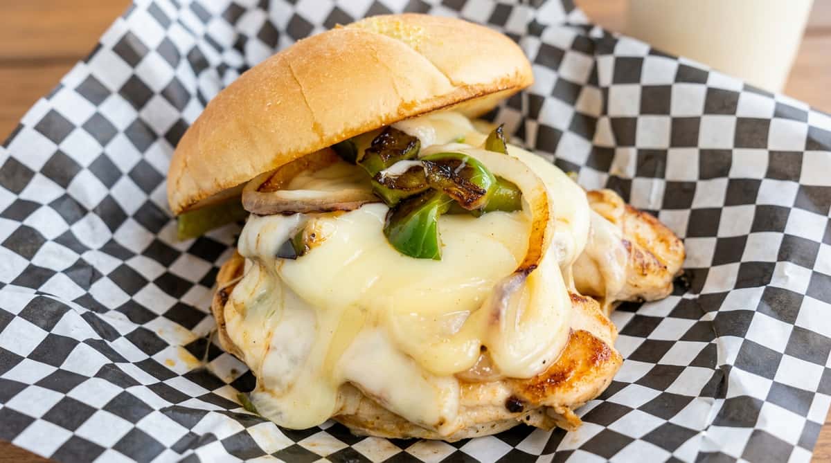 Cheesesteak sandwich with melted cheese, grilled onions, and green peppers in a checkered paper liner.