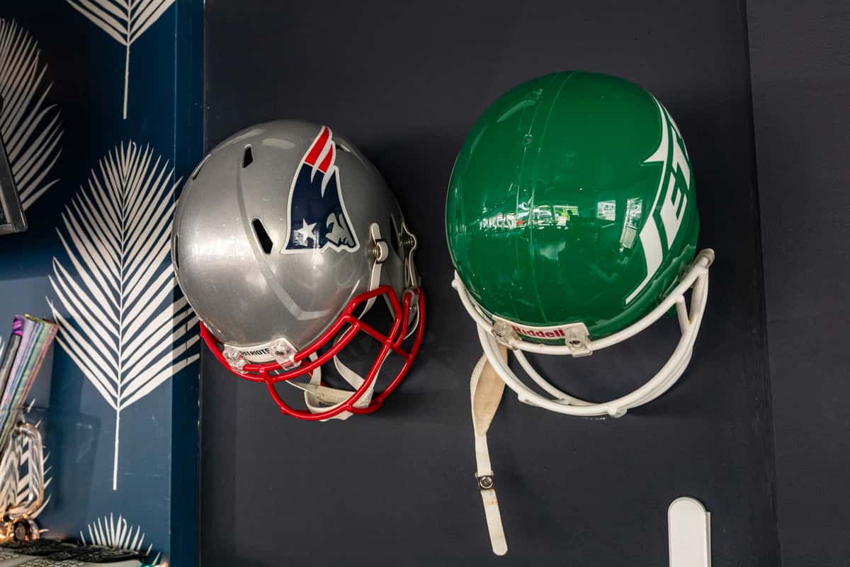 Football Helmets for NE Patriots and NY Jets.
