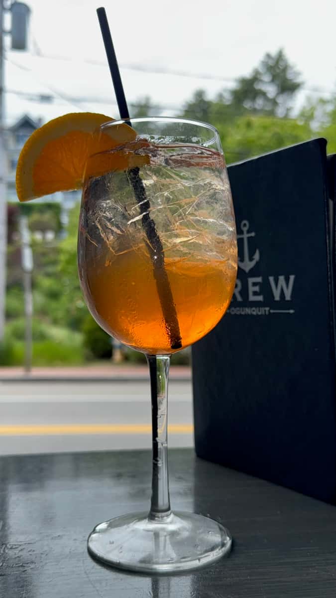 aperol spritz on table at CREW Ogunquit. 