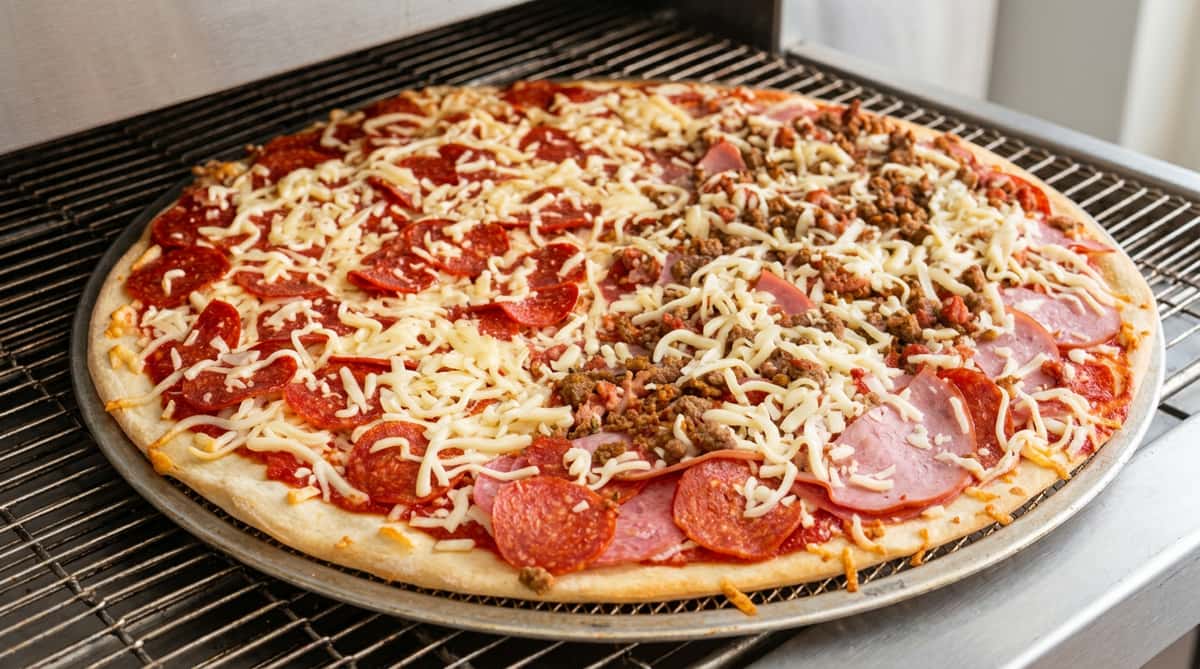 Uncooked pizza with pepperoni, ham, crumbled sausage, and shredded mozzarella cheese on a metal tray in an oven.
