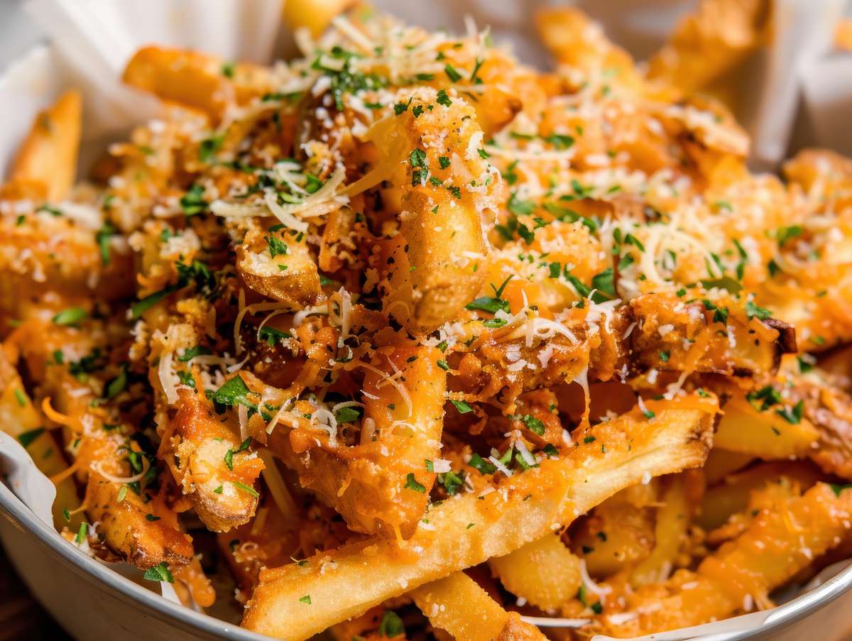 Loaded fries with cheese and herbs