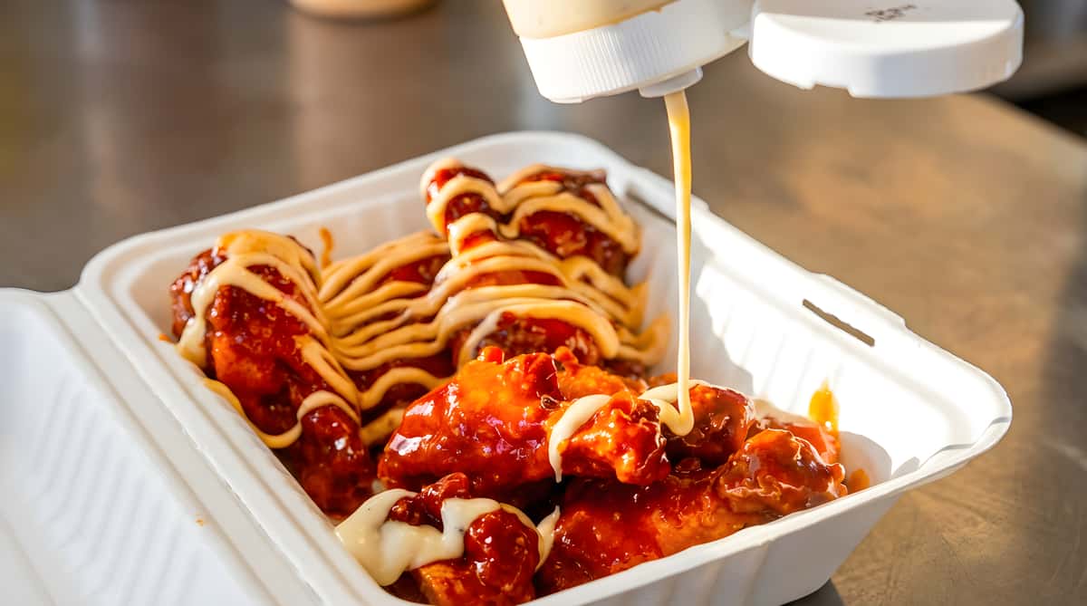 Chicken wings in a takeout container being drizzled with creamy sauce