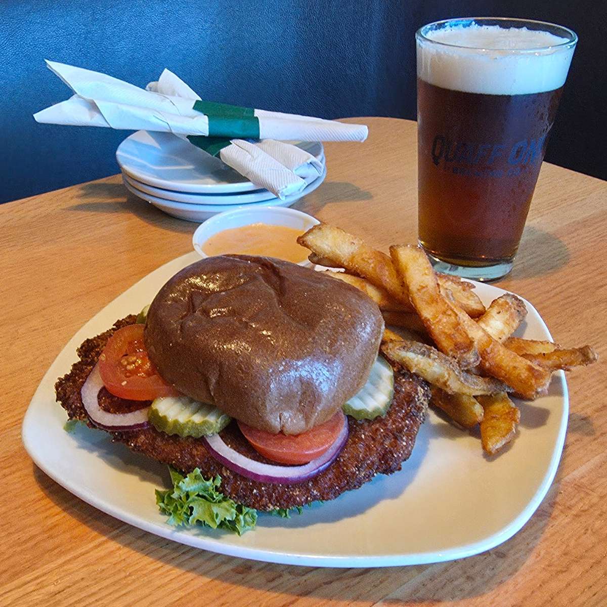pork tenderloin sandwich and hoosier red draft beer