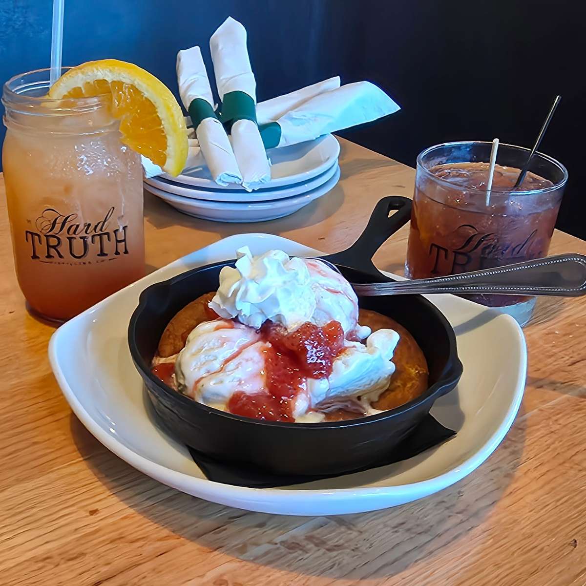strawberry cookie skillet with an old fashioned and bahama mama