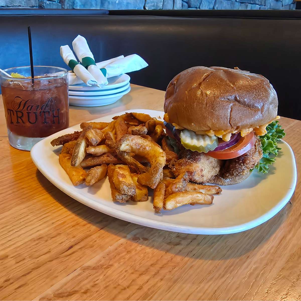 chicken pimento cheese sandwich with beer cheese and an old fashioned