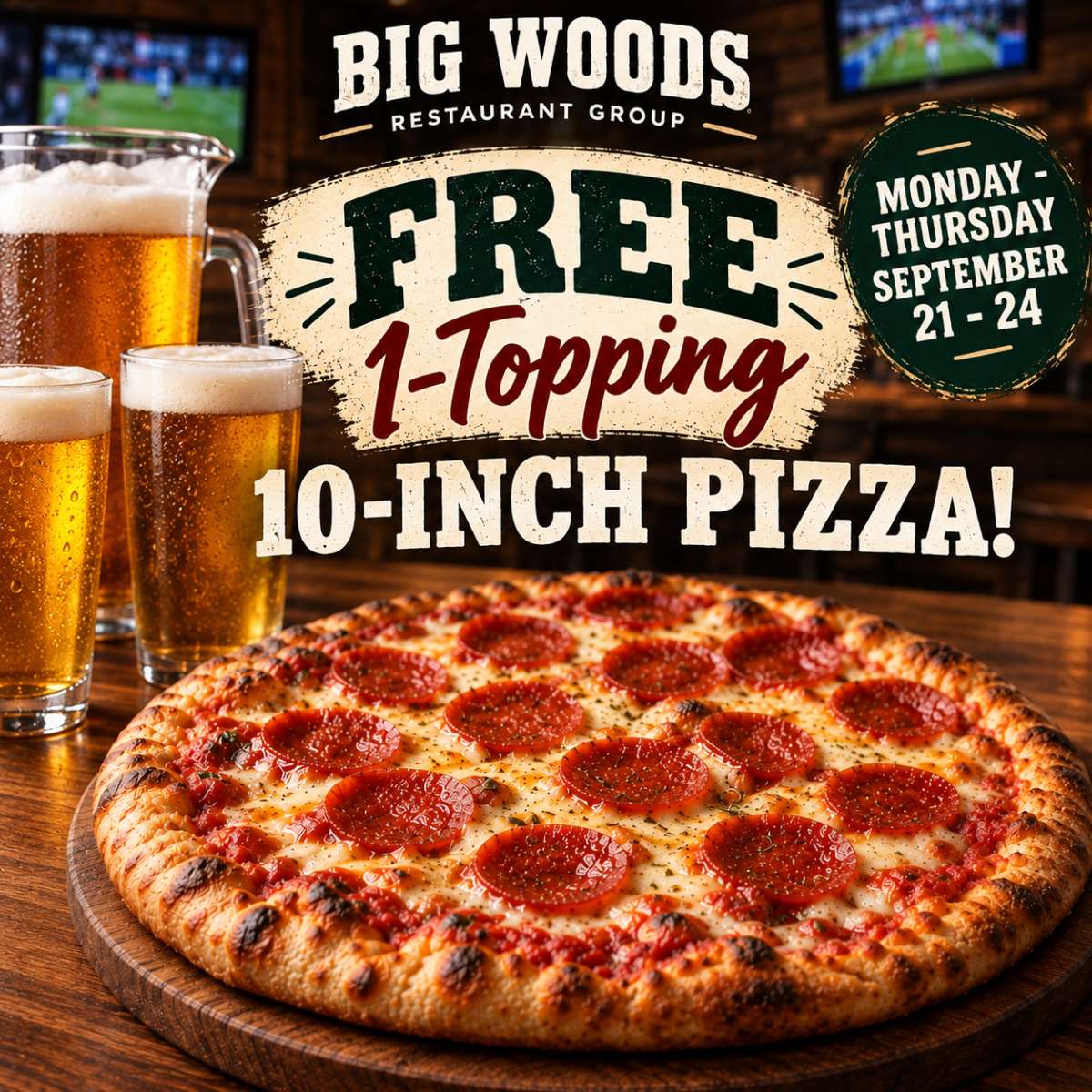 1-topping 10-inch hand tossed pizza with a pitcher of beer