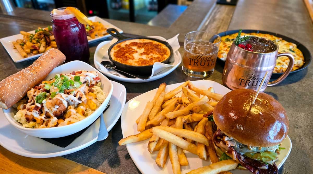 Table spread with mac & cheese, chili cheese fries, burger and fries, baked dip, and two cocktails.