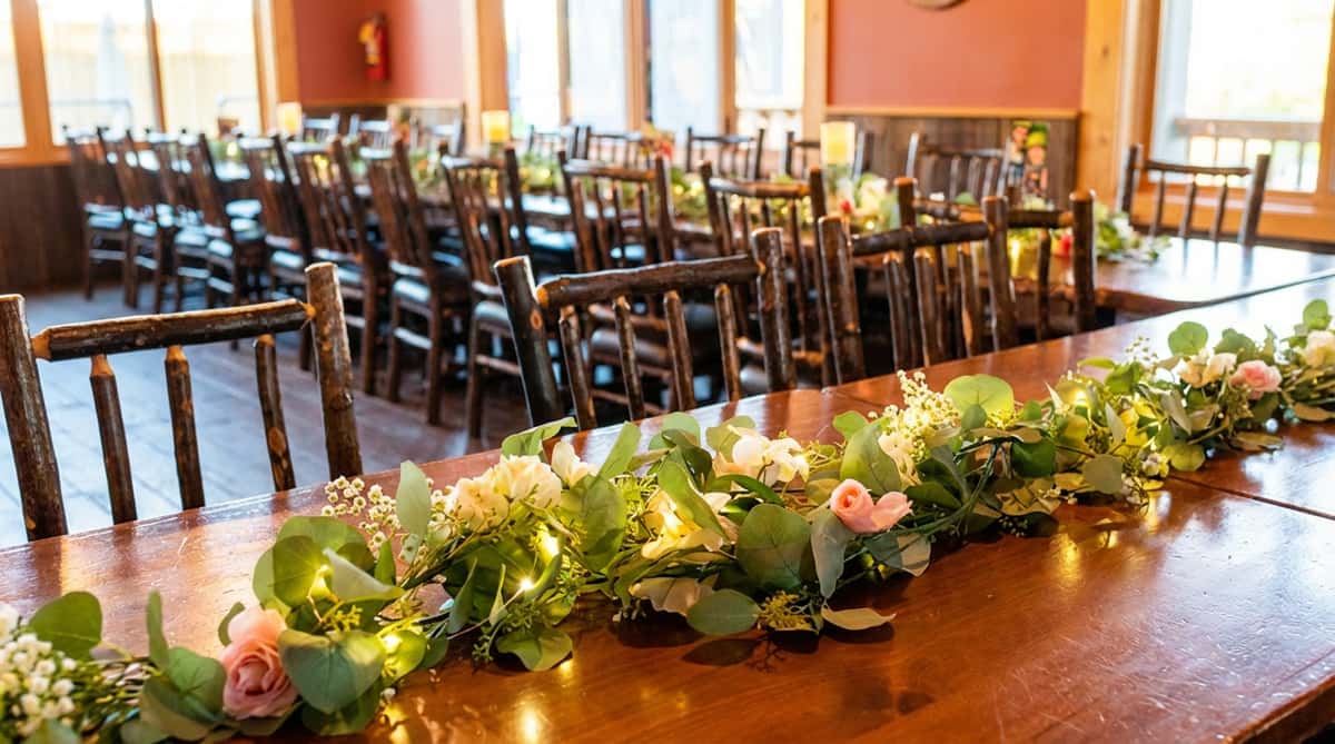 Rustic dining room with long tables set with dark wooden chairs, garlands, and candles.