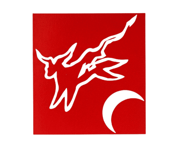 Bovine's restaurant logo featuring a dynamic white bull and crescent moon on red, representing bold coastal flavors and wood-fired tradition in Murrells Inlet, SC.