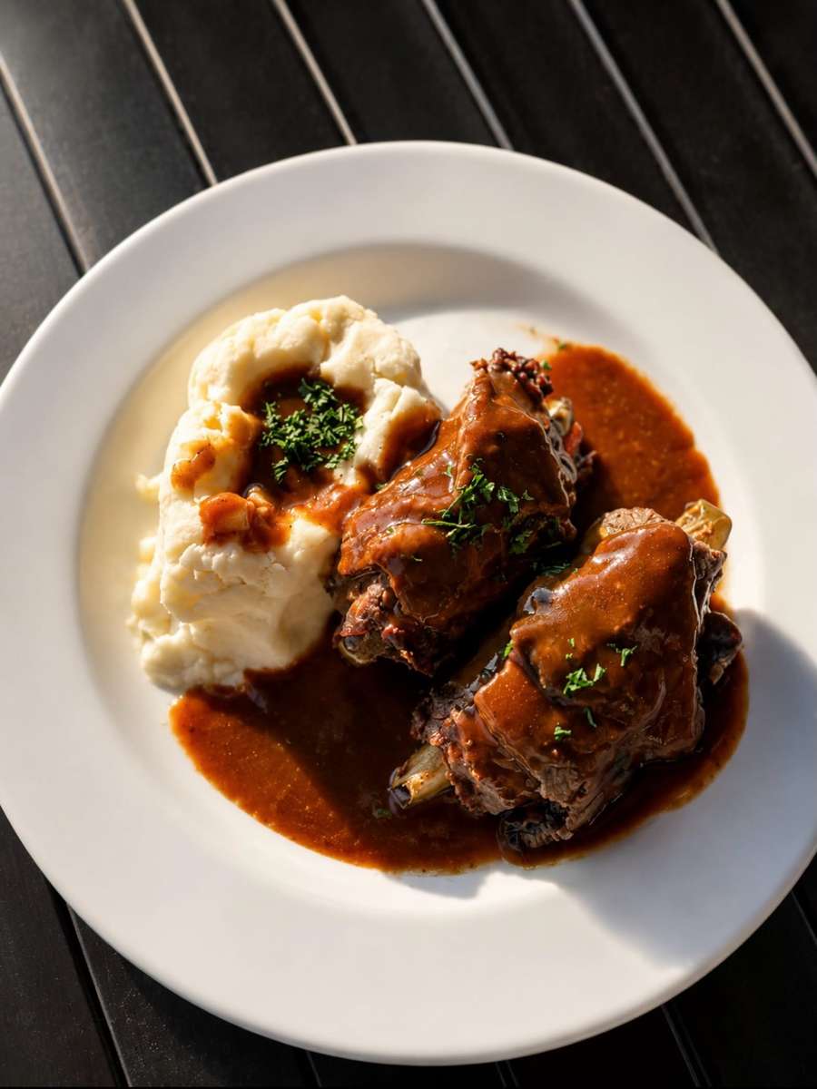 Top down view of a steak with a side of mashed potatos