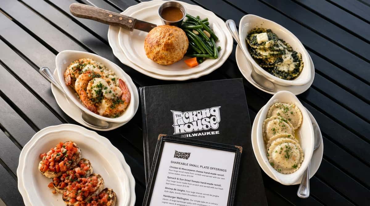 A table with a pastry-wrapped dish, green beans, three pasta dishes, shrimp and rice, bruschetta, and a restaurant menu.