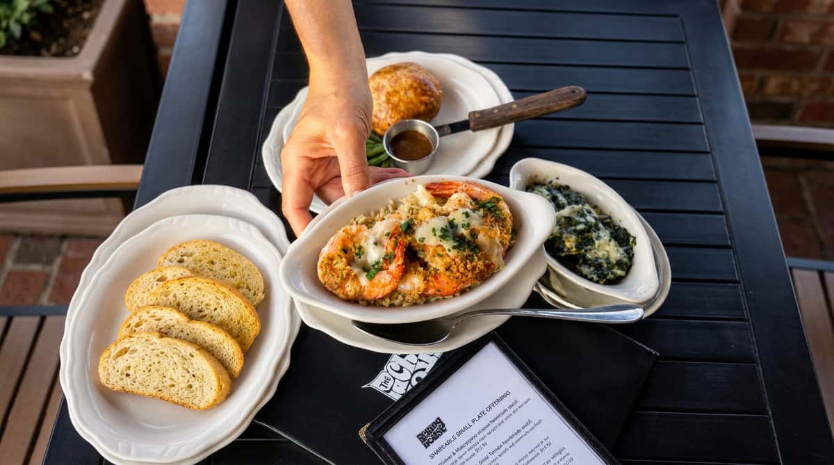 Shrimp de Jonghe: baked shrimp with breadcrumbs, cheese, and parsley over rice, served with bread, creamed spinach, and a meat pie.