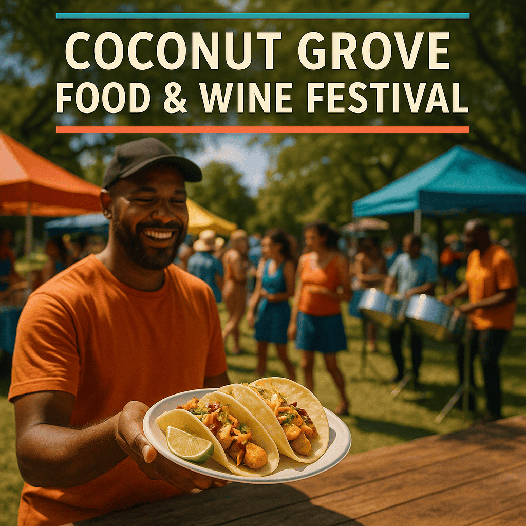 Outdoor seafood festival in Coconut Grove with fresh fish tacos, colorful tents, and live music.