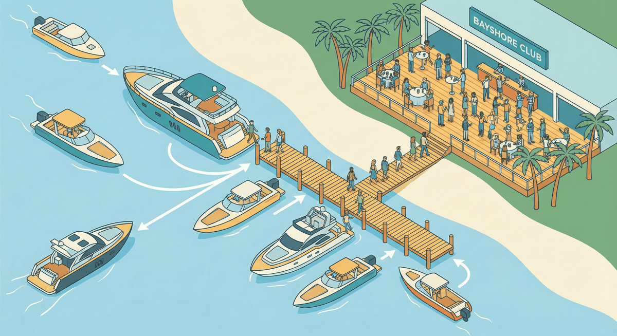Illustration showing boats docking at a waterfront venue for a boat-in celebration.
