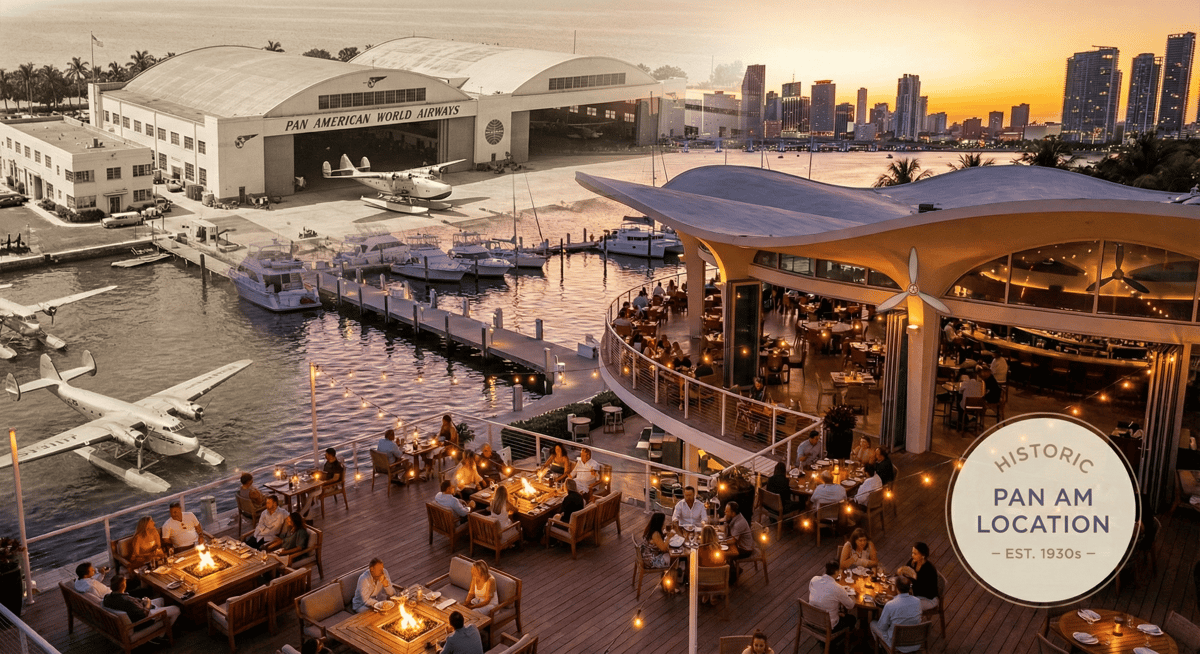 Aerial view of Bayshore Club on Dinner Key Marina, blending modern dining with historic roots.