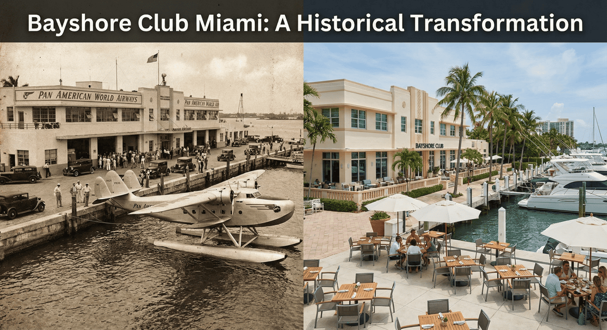 Historic Pan Am Clipper Terminal photo next to modern Bayshore Club Miami venue image.