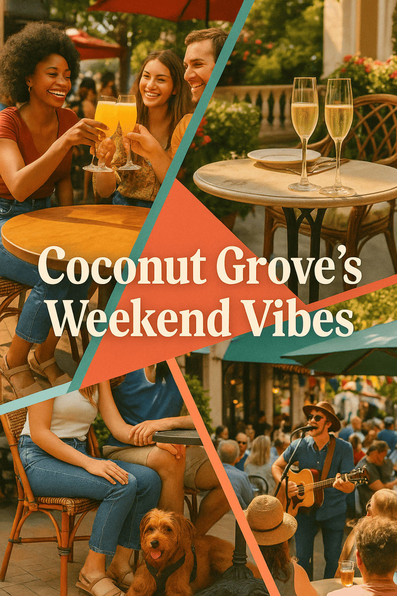 Collage of bottomless mimosa brunch moments in Coconut Grove, including pet-friendly patios, live music, and garden dining.