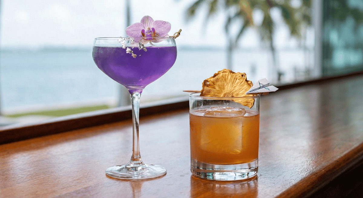 Aviation-themed signature cocktails served at Bayshore Club's waterfront bar.