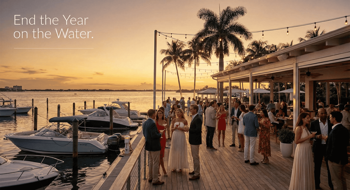 Waterfront view of Bayshore Club in Coconut Grove at sunset with guests and Biscayne Bay.