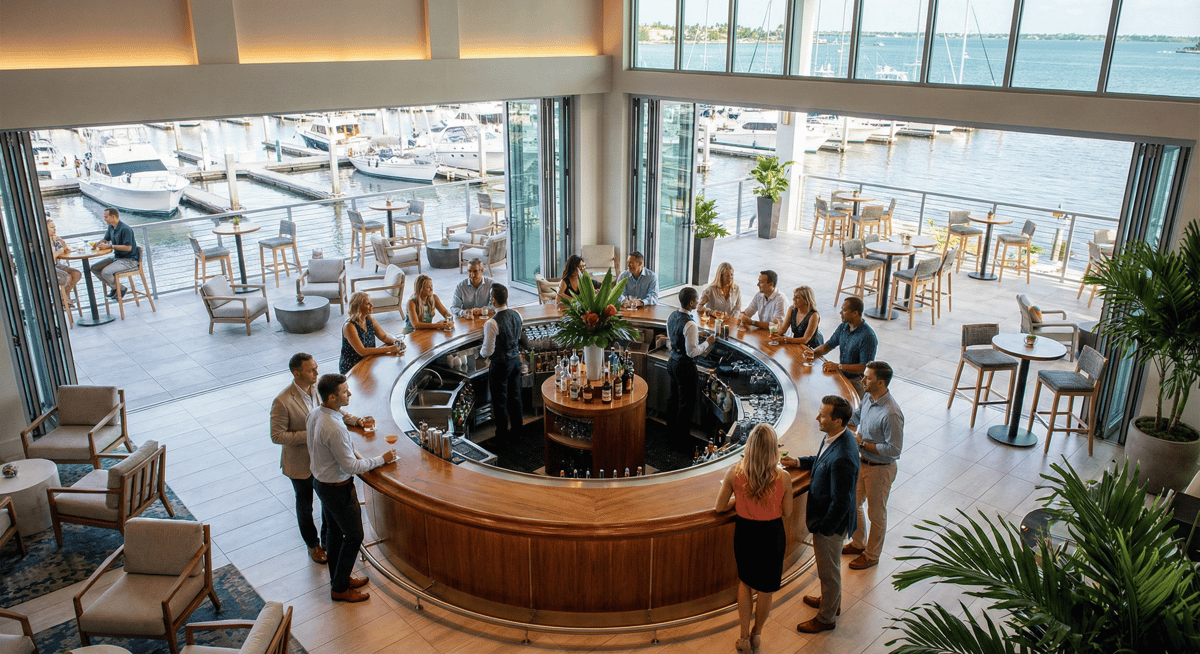 360-degree bar and open seating at Bayshore Club for large group gatherings.