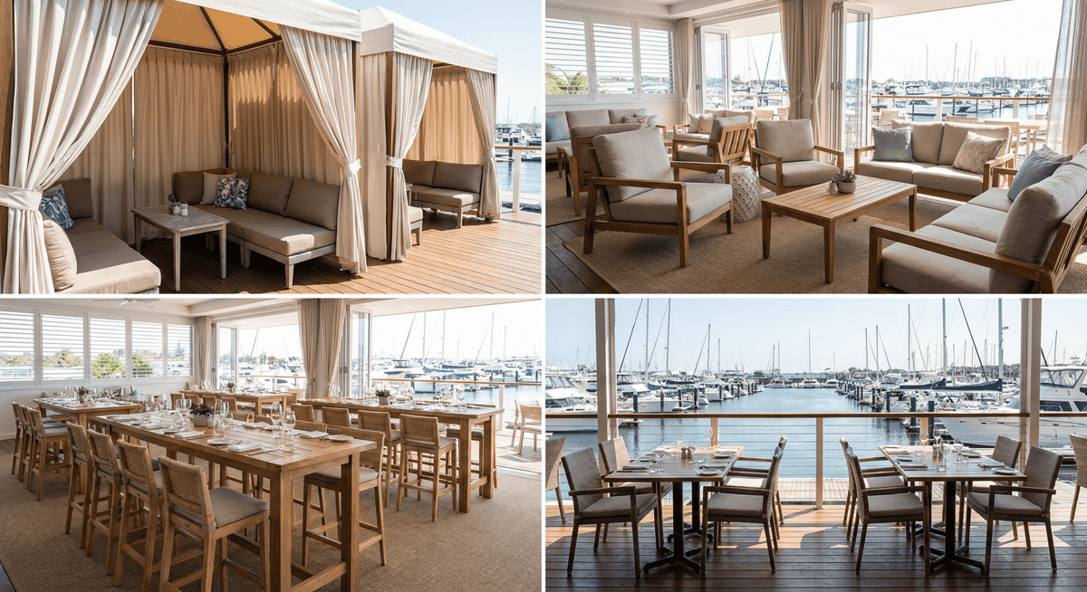 Outdoor seating areas at Bayshore Club including cabanas, lounge spaces, and family tables.