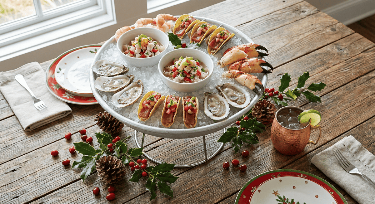 Bayshore Club's Seafood Tower with oysters, ceviche, and ahi tuna tacos on a holiday-themed table.