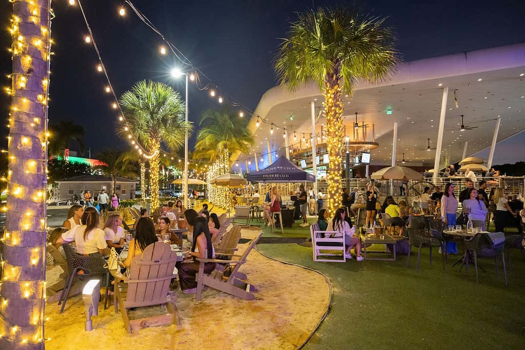 Outdoor restaurant patio with palm trees, string lights, and guests dining in a vibrant evening atmosphere