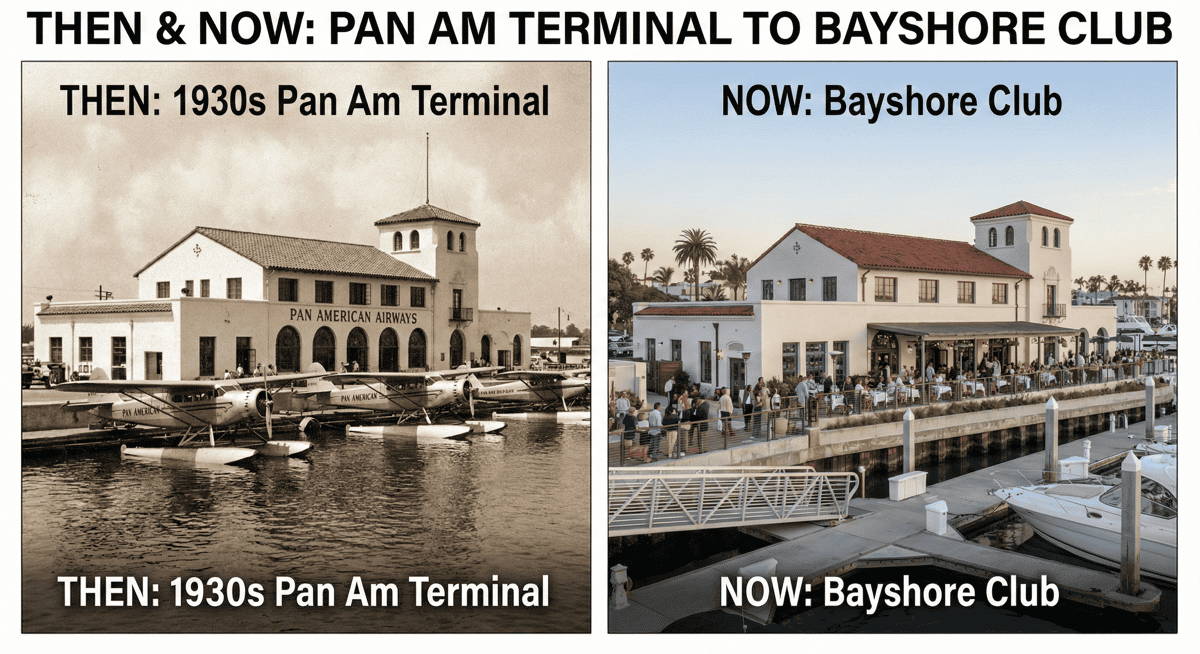Side-by-side comparison of Bayshore Club's current structure and the original Pan Am seaplane terminal.