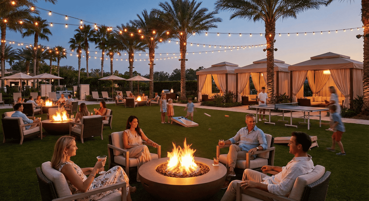 Bayshore Club's outdoor lawn with fire pits, private cabanas, and families enjoying games.