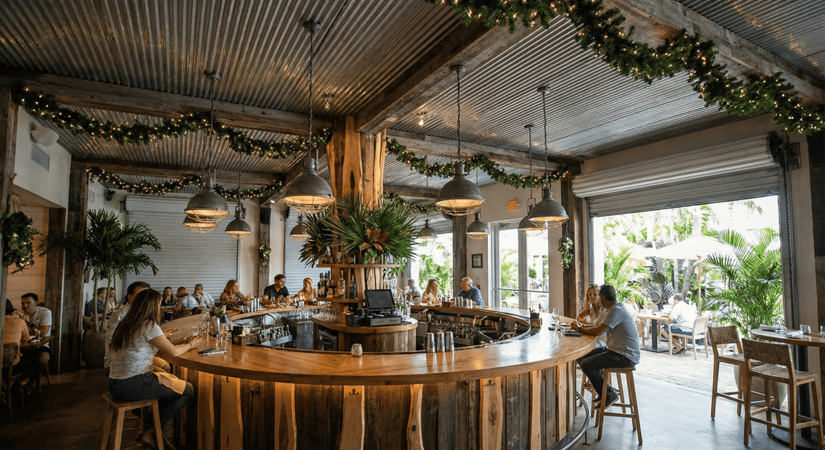 Interior of Bayshore Club featuring its 360-degree bar with tropical and aviation-inspired design.