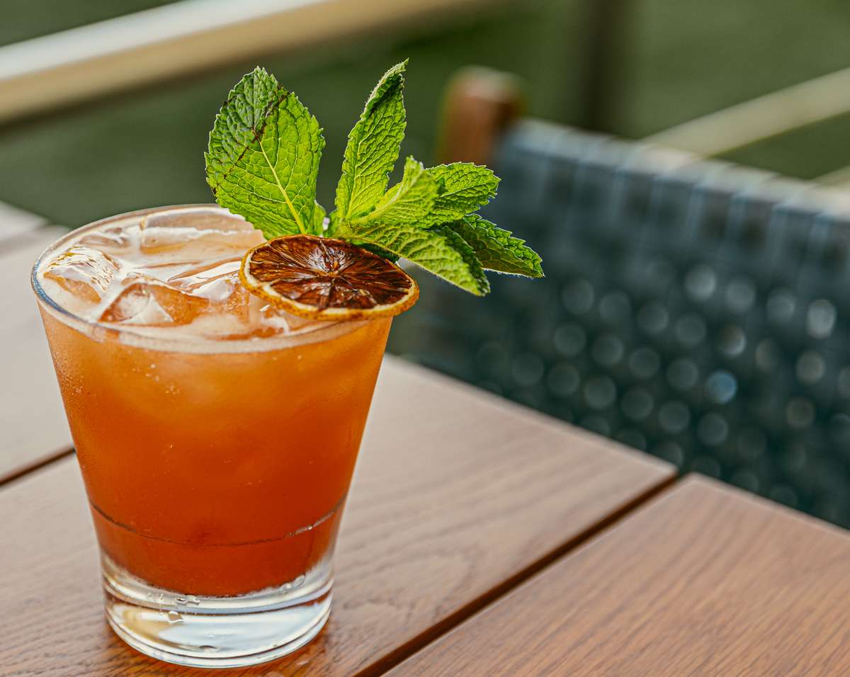 Refreshing iced cocktail garnished with fresh mint and a dried orange slice.