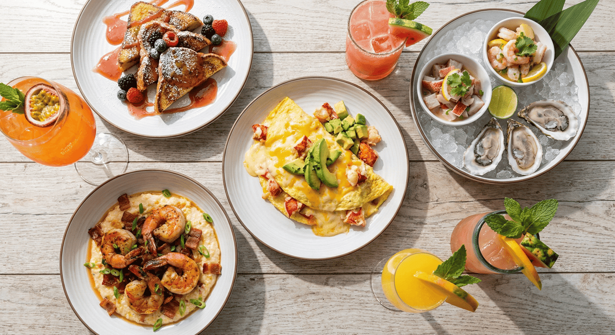 Assortment of signature brunch dishes and cocktails at Bayshore Club's New Year's Day event.