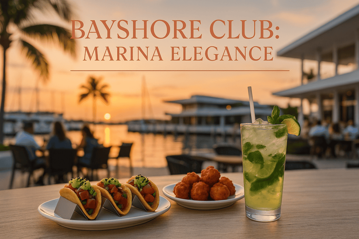 Golden-hour waterfront dining table with fresh stone crabs, tacos, and cocktails at Bayshore Club overlooking Biscayne Bay.