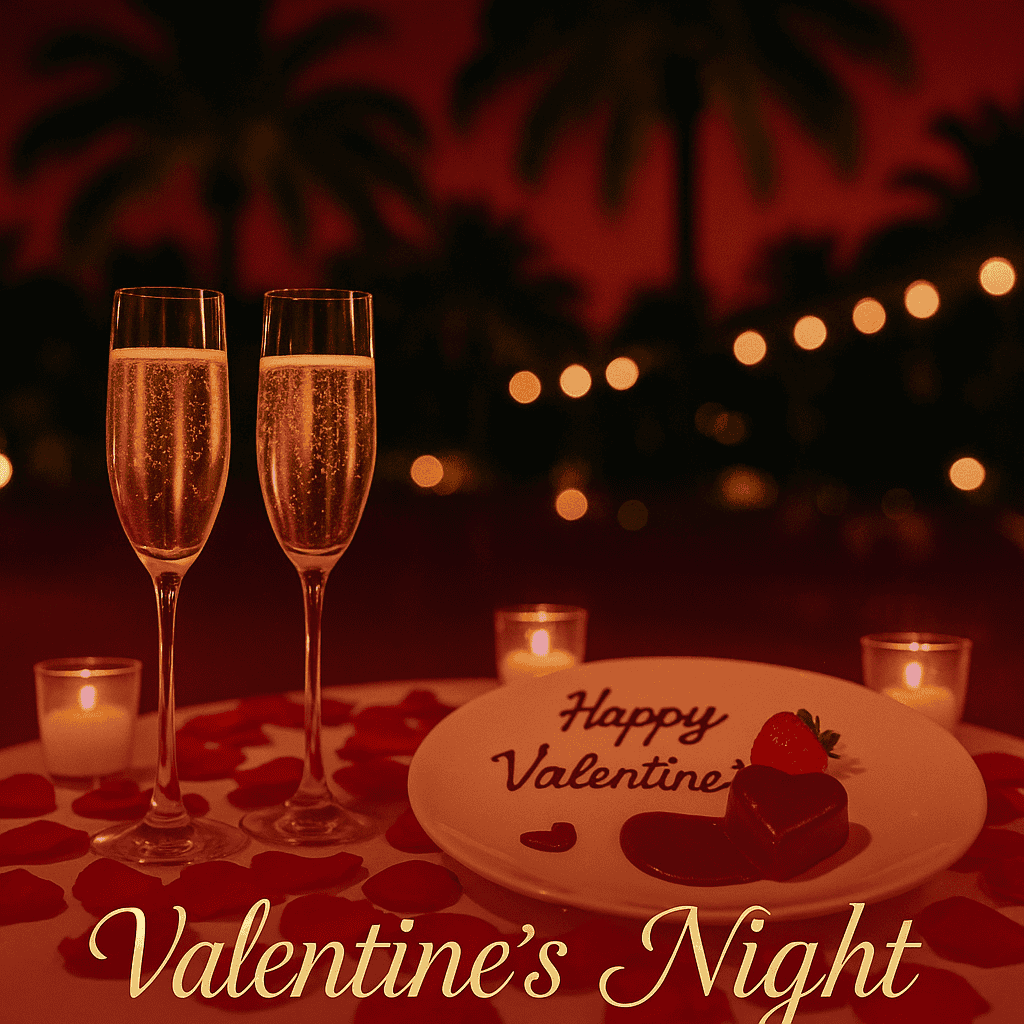  Candlelit Valentine's Day dinner in Coconut Grove with champagne, rose petals, and chocolate dessert.